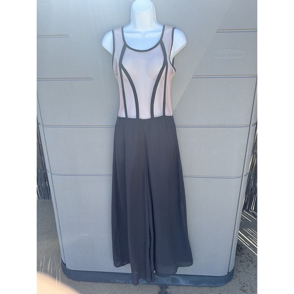 Rehab Sz M Pink & Gray sleeveless Mesh Top Chiffon wide leg Jumpsuit Sexy Club - Picture 2 of 10